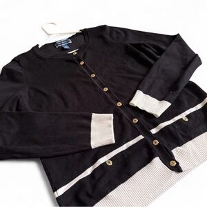 Classy Knit Black and White Gold Buttons Cardigan Size Large Karen Scott Holiday